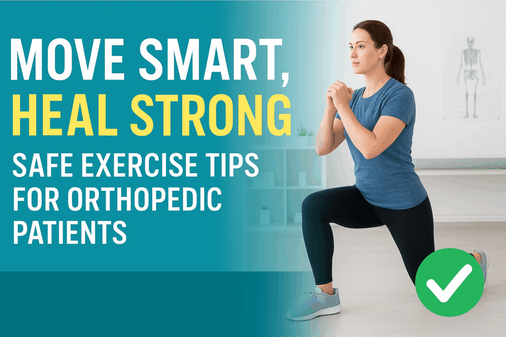 Orthopedic patient doing safe exercise in rehab room.