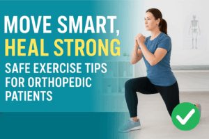 Orthopedic patient doing safe exercise in rehab room.