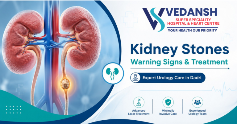 Medical illustration showing kidney stones in the urinary tract with information about warning signs, symptoms, and advanced treatment options at Vedansh Hospital Dadri.