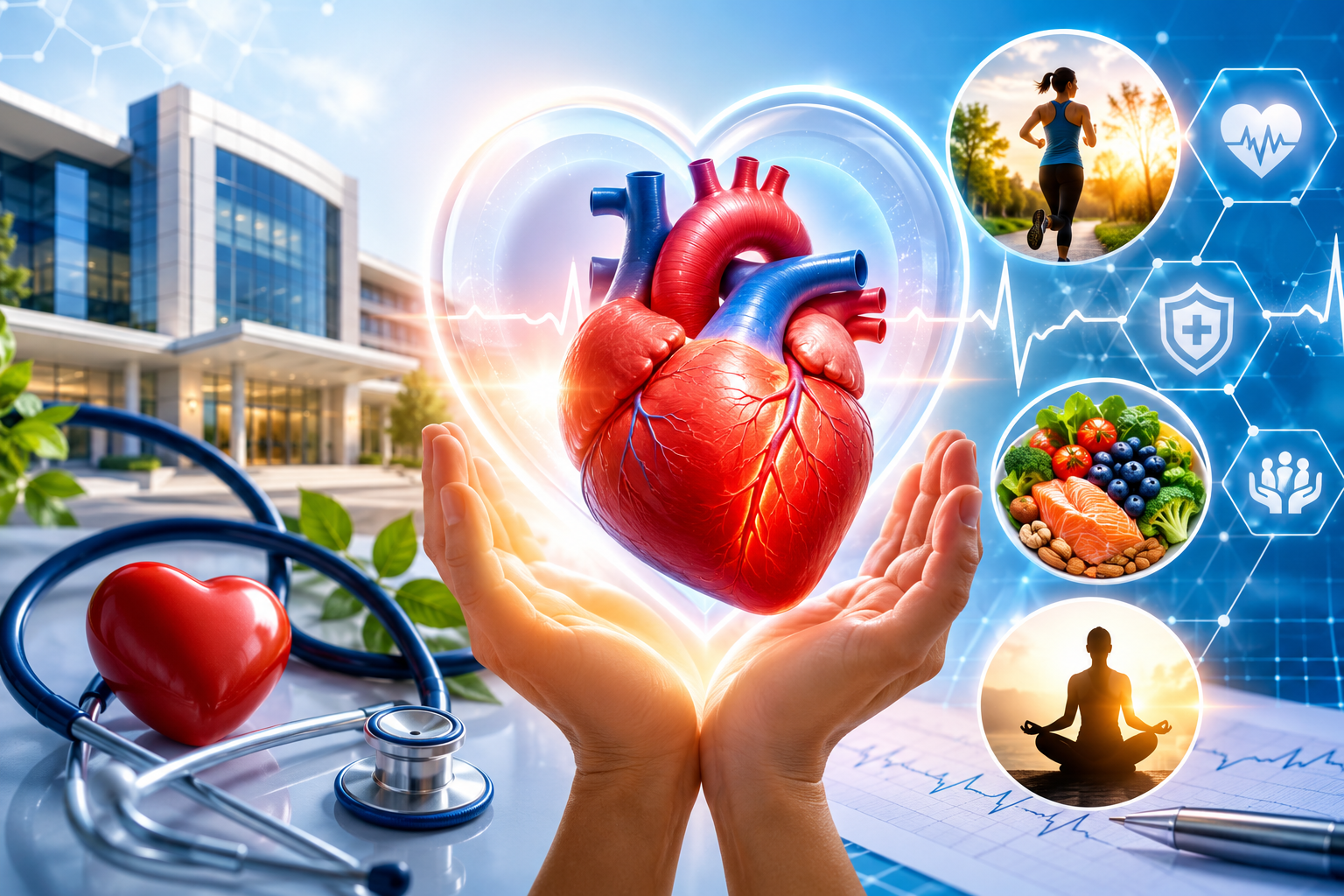 Heart disease awareness illustration showing a human heart protected by hands with hospital background, ECG monitoring, healthy lifestyle symbols, and preventive cardiac care concept.