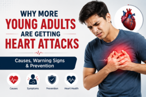 Young adult experiencing chest pain illustrating the rising risk of heart attacks in younger adults with warning signs and prevention.