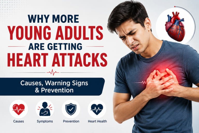Young adult experiencing chest pain illustrating the rising risk of heart attacks in younger adults with warning signs and prevention.