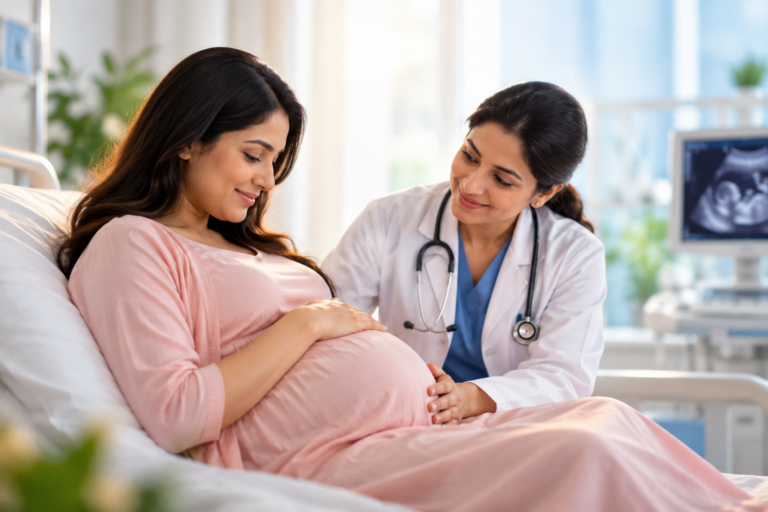 Pregnant woman consulting a gynecologist for third trimester pregnancy care and health monitoring.